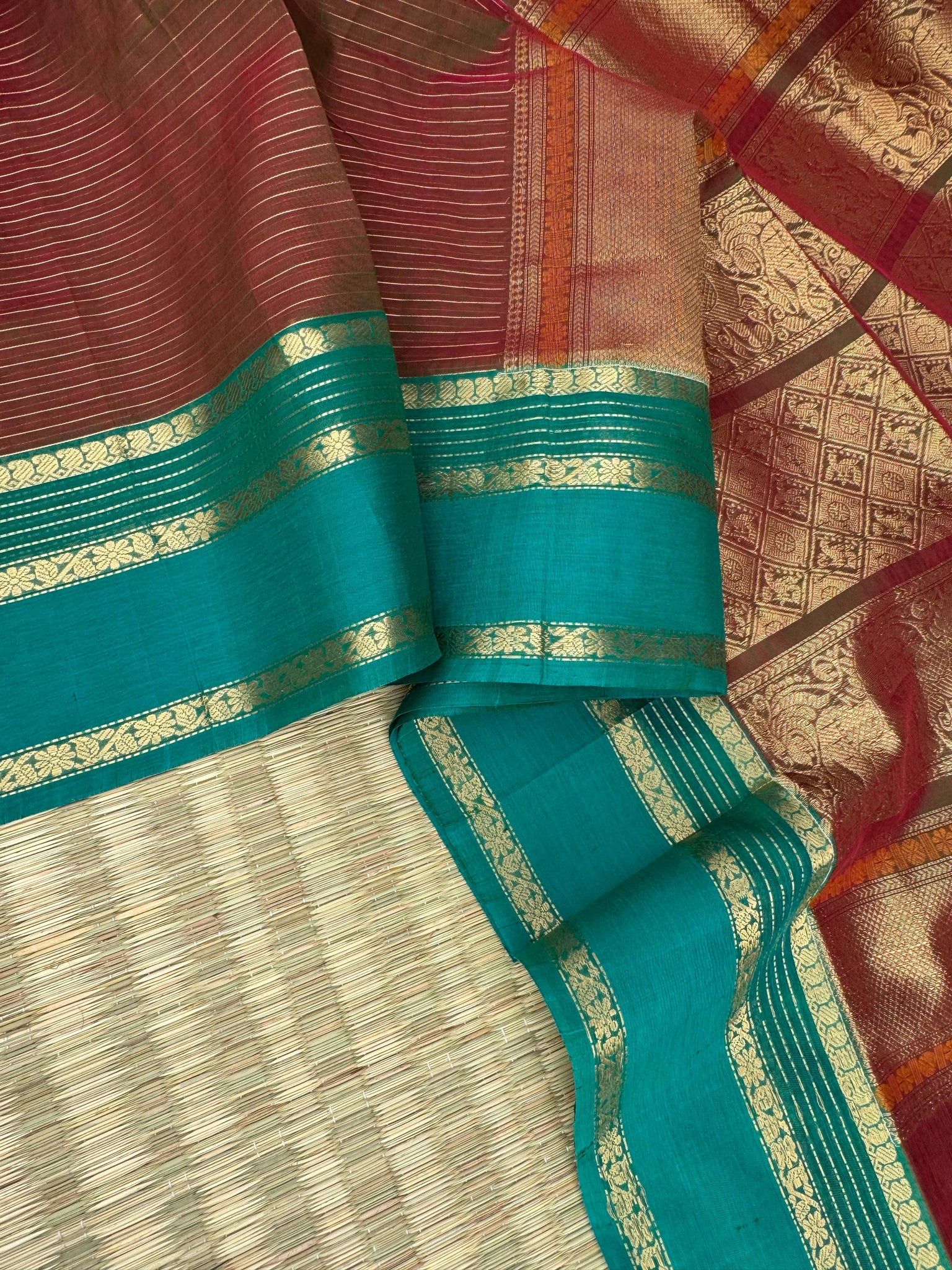 Zari Kissed Silk Cotton - maanthulir brown oosi stripes with teal borders