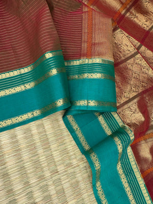 Zari Kissed Silk Cotton - maanthulir brown oosi stripes with teal borders