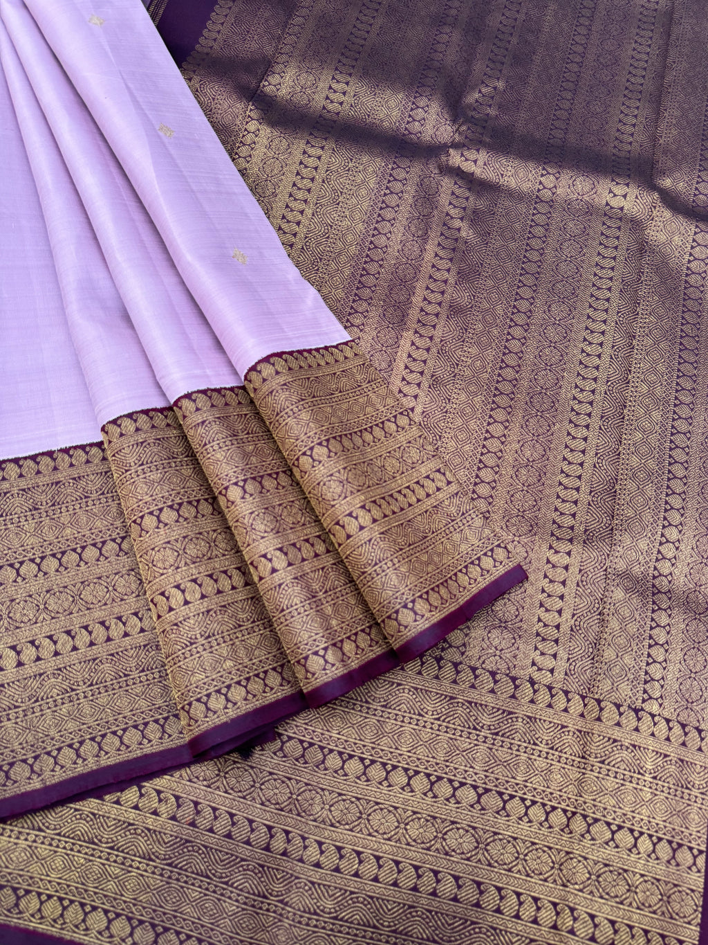 Pastel Kanchivarams - lilac and burgundy morning evening korvai antique zari woven varusai pett borders