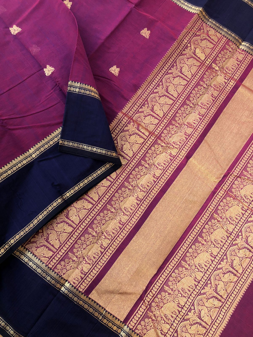 Mangalavastaram - Zari Touched - red short purple with retta pett woven borders with jodi killi woven buttas