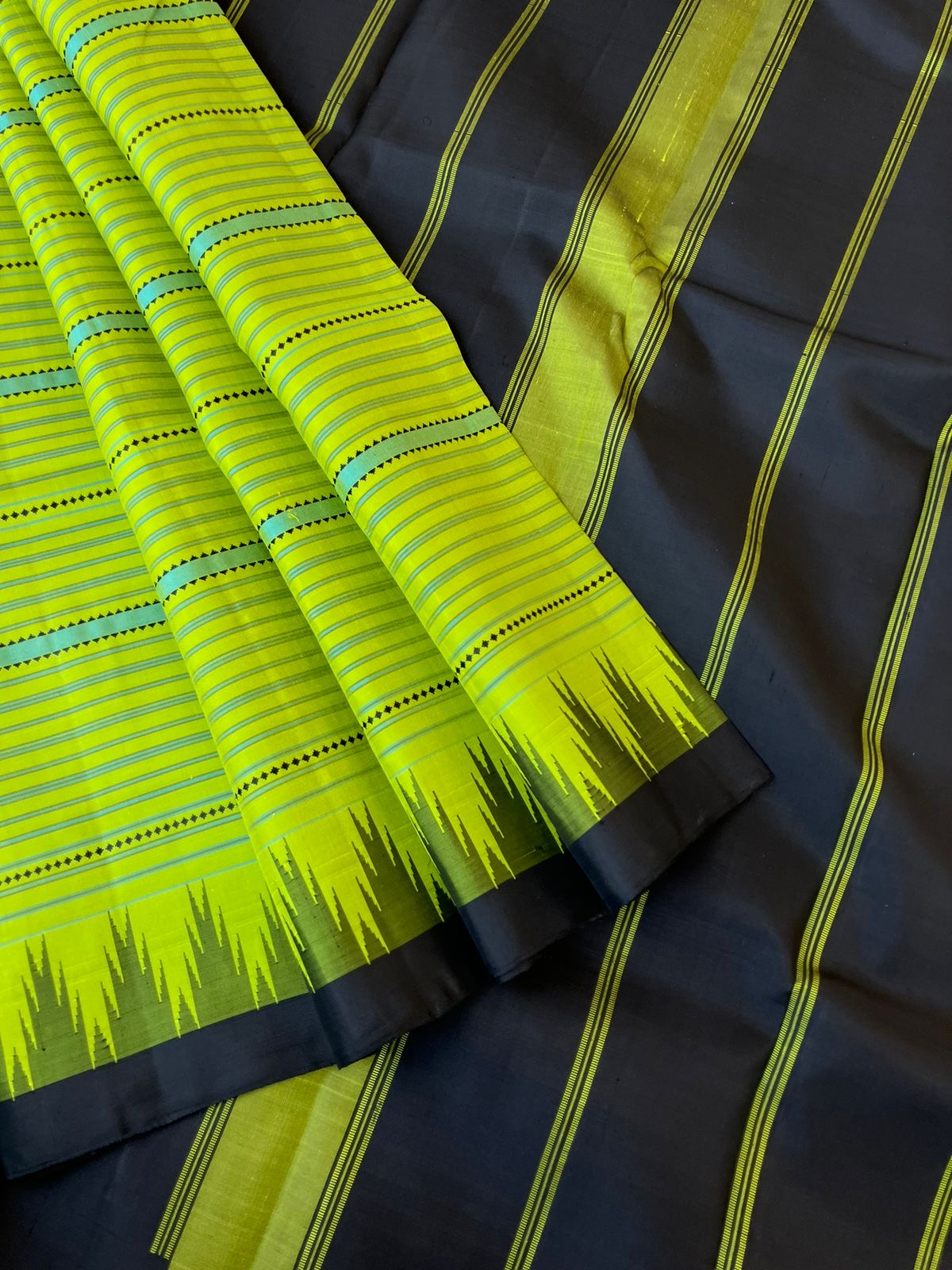 Kaavyam on Korvai Kanchivaram - apple green and black muthu veldhari
