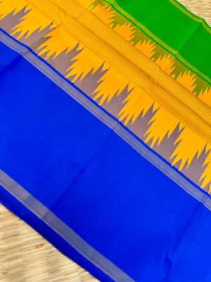 Rarest Korvai Kanchivaram - mango yellow with stripes woven body with ms blue and green ganga jammuna woven korvai borders