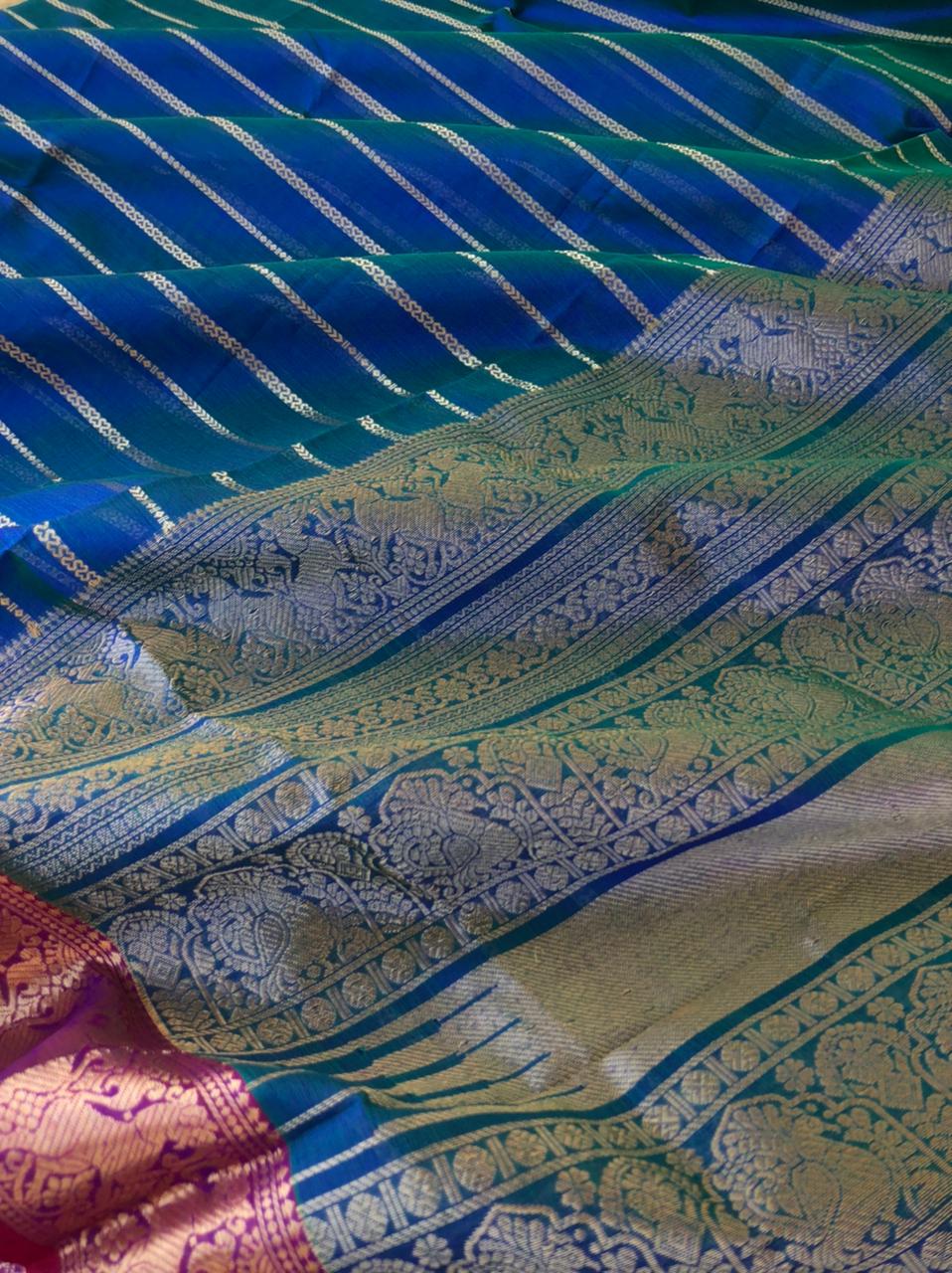 Zari Kissed Silk Cotton - stunning dual tome peacock blue green veldhari with yali woven borders