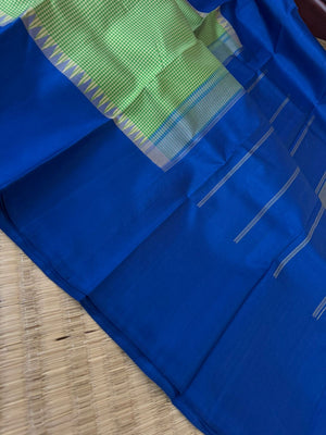 Art of Kai Korvai Kanchivaram - green and off white kasa kasa kattam with ink blue borders