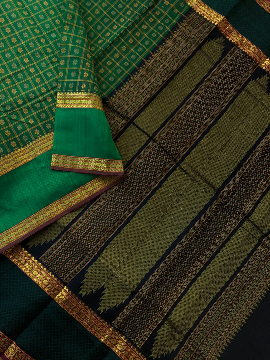 Woven Motifs Silk Cotton - deep Meenakshi green and black 1000 buttas