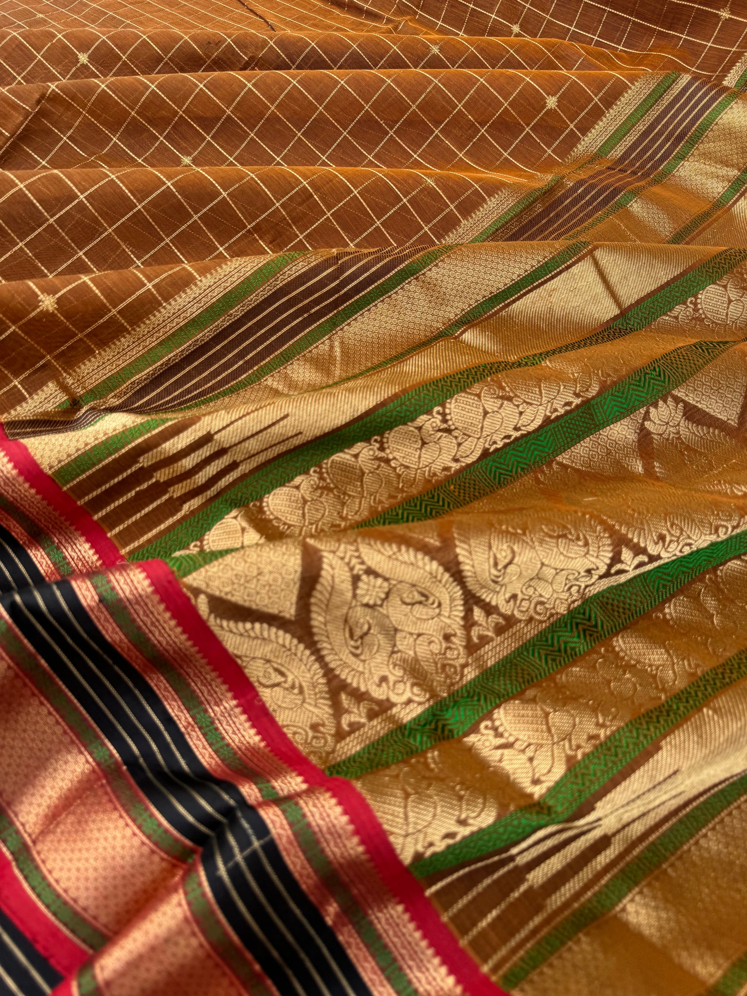 Zari Kissed Silk Cotton - rust chocolate brown with muthu koortha buttas