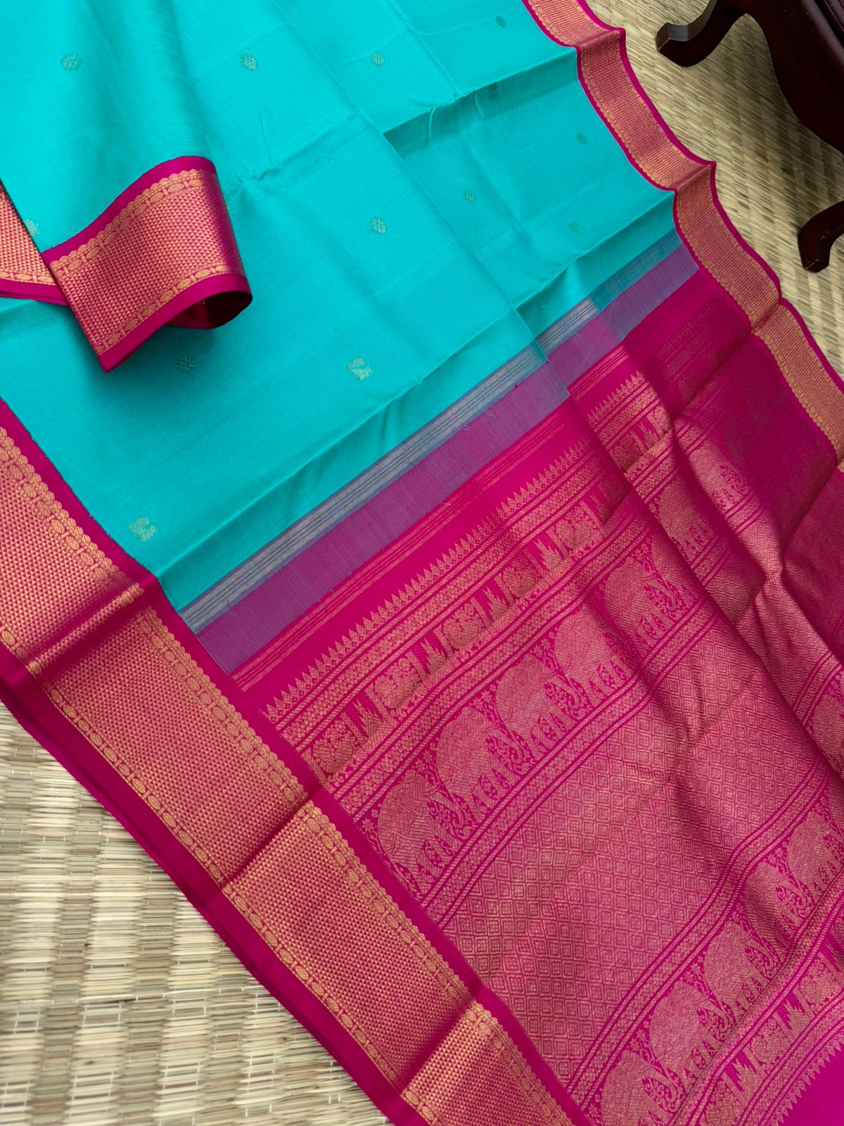 Kamakshi - Heirloom Korvai Kanchivaram - gorgeous turquoise blue and pink with aarai maadam woven borders