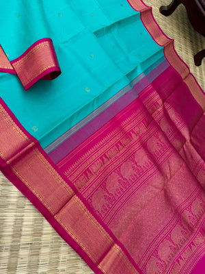 Kamakshi - Heirloom Korvai Kanchivaram - gorgeous turquoise blue and pink with aarai maadam woven borders