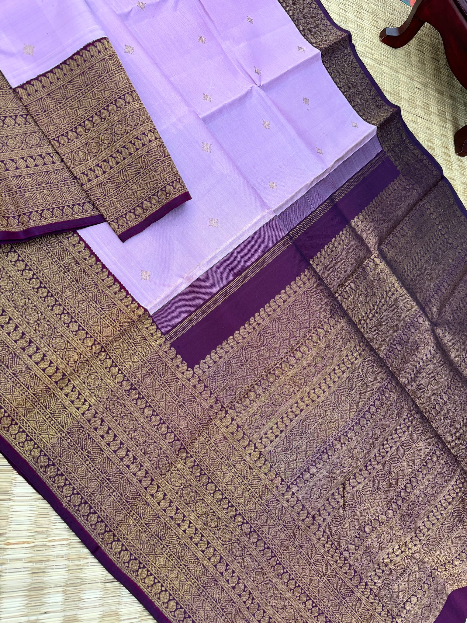 Pastel Kanchivarams - lilac and burgundy morning evening korvai antique zari woven varusai pett borders