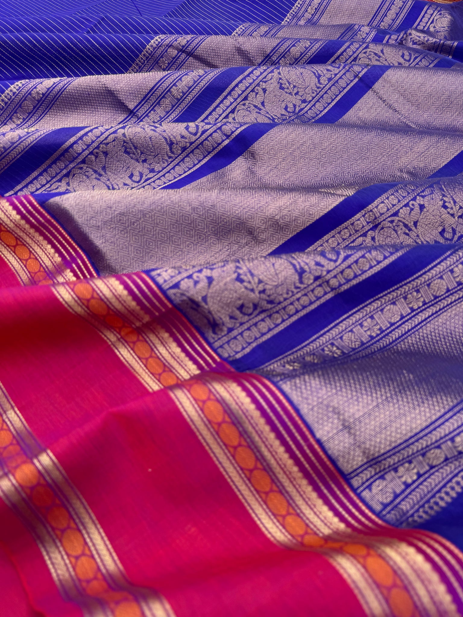 Zari Kissed Silk Cotton - royal blue vairaoosi with all traditional borders and pallu