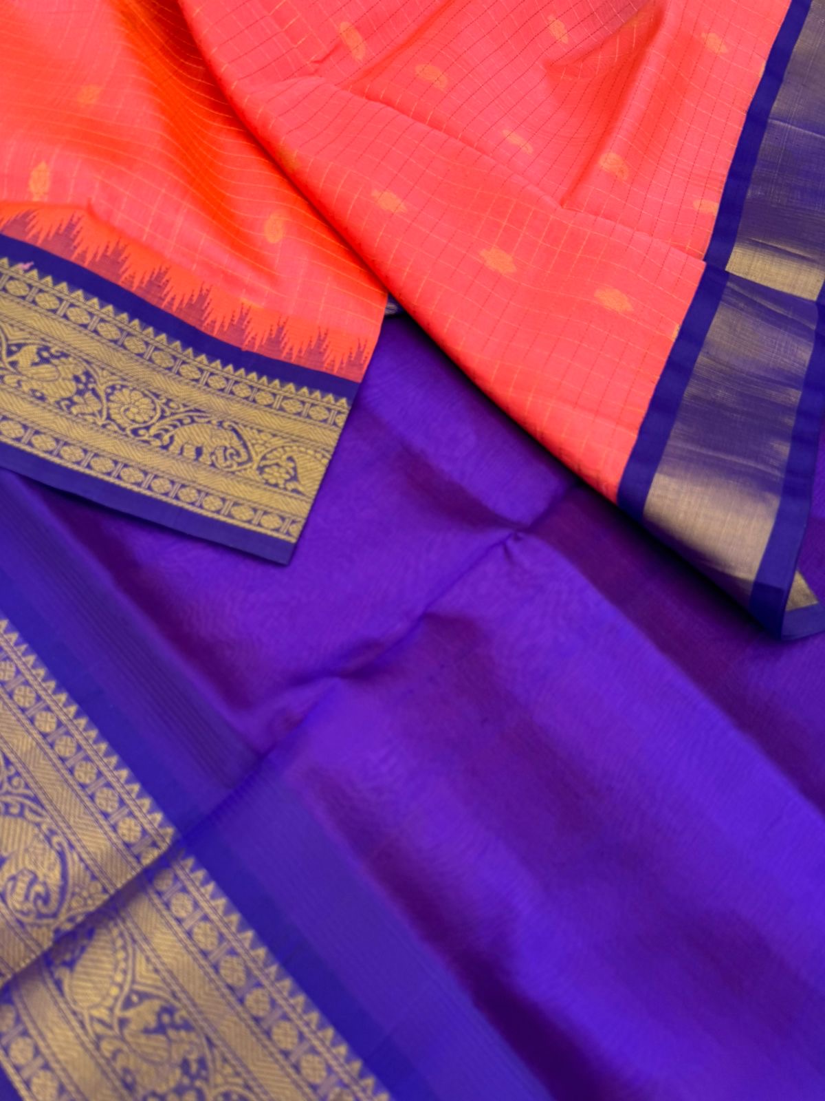 Korvai Silk Cottons - Kanagambaram pink and royal blue Zari kattam buttas
