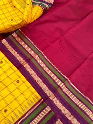The Best of No Zari Korvai Kanchivaram - the most traditional yellow and aaraku with all traditional Kanchivaram elements kattam buttas Korvai everything