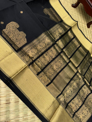 Black Edition of Zari Kissed Silk Cotton - the gorgeous grand black and gold silk cotton with corner buttas and solid borders