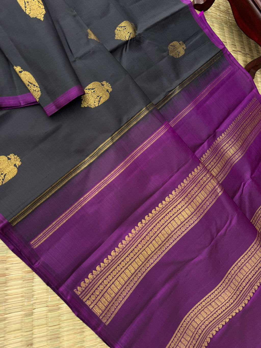 Mohaa - Beautiful Borderless Kanchivarams - black and purple irruthalai pakshi woven buttas with woven blouse