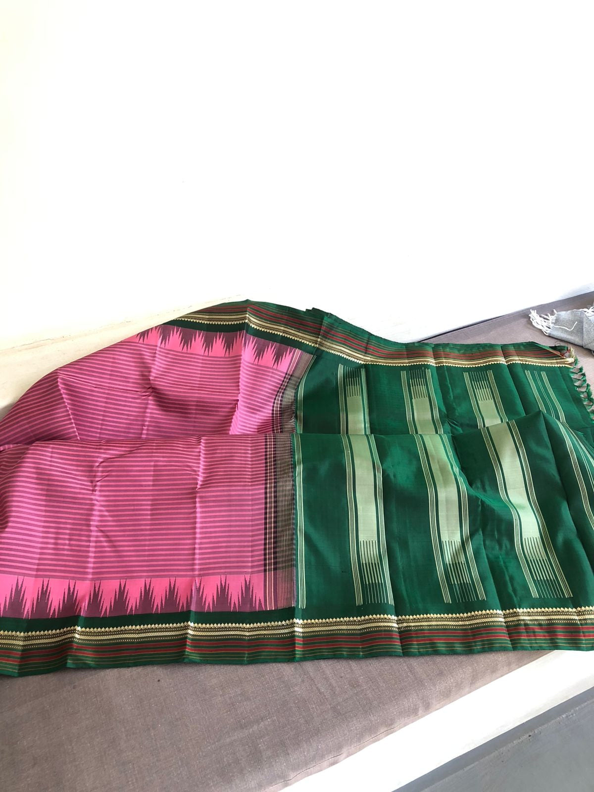 The Legacy of Korvai Kanchivaram - stunning keva pink vintage stripes korvai Kanchivaram with Meenakshi green borders pallu and blouse