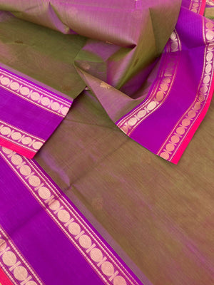 Zari Kissed Silk Cotton - algae green short majenta kolam woven buttas