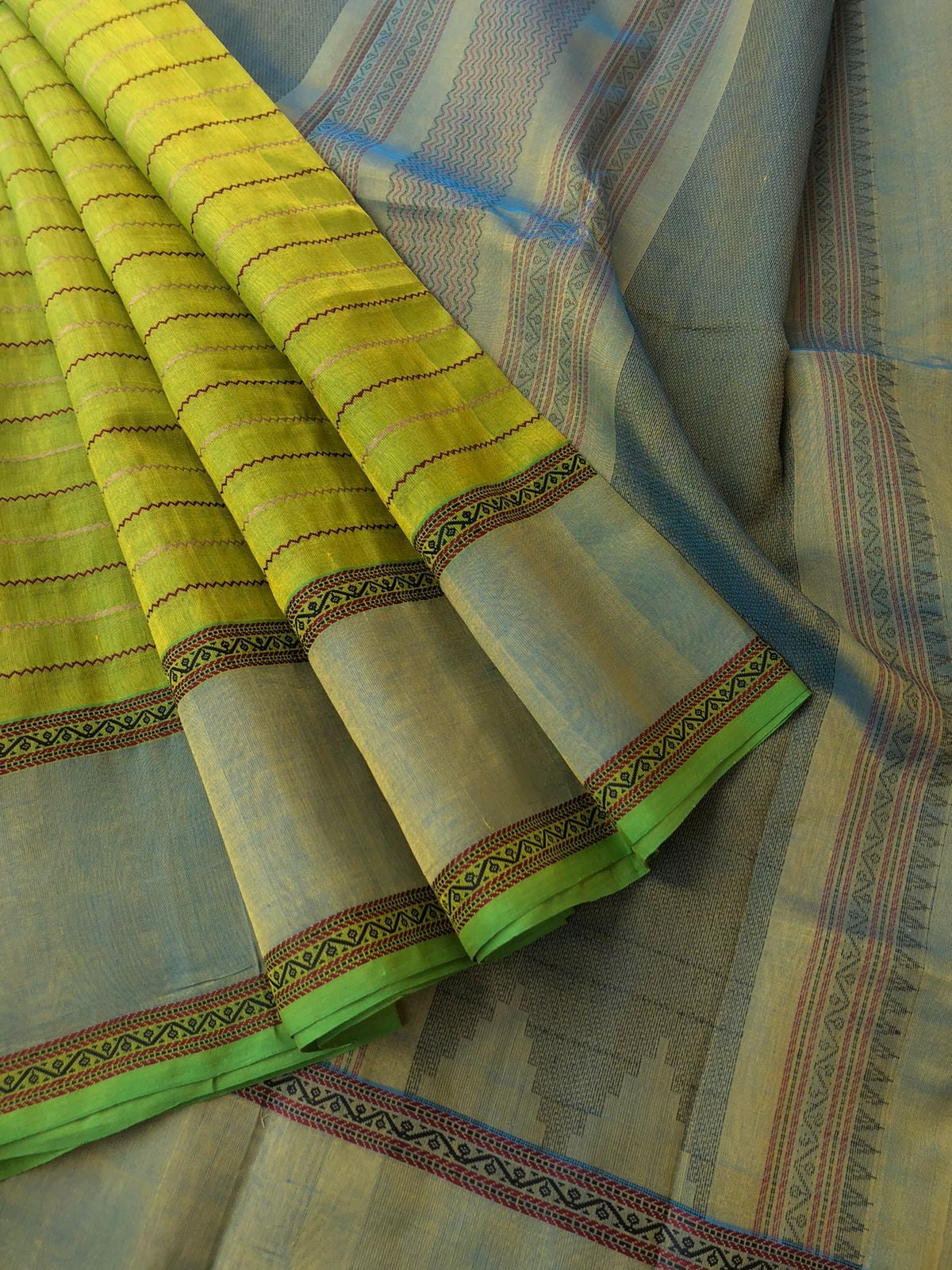 Woven Motifs Silk Cotton - pale green mixed yellow veldhari