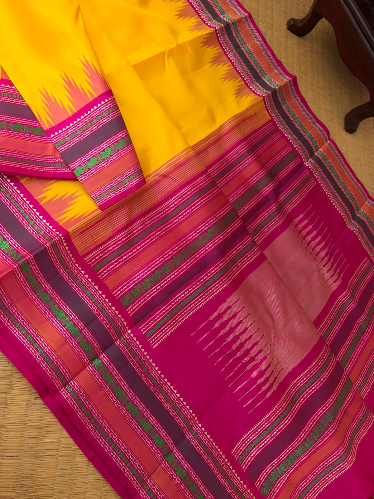 Sahasra - Beauty of No Zari Korvai Kanchivaram - the most gorgeous and amazing combination of traditional yellow and Indian pink