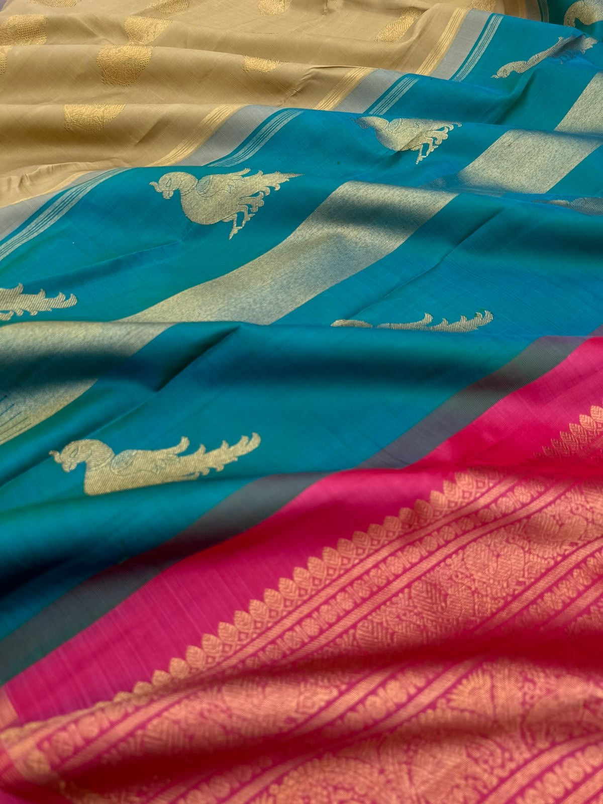 Mohaa - Rarest Borderless Kanchivarams - a biscuit tone irruthalaipakshi butta body with two solid colours uniquely woven pallu