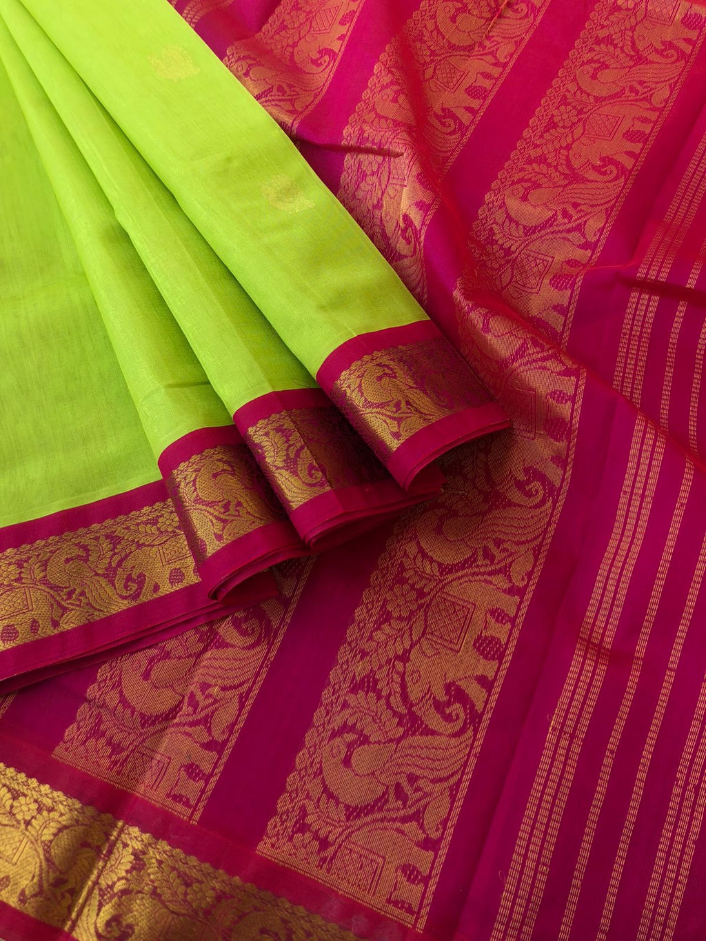 Bliss of Korvai Silk Cottons - fresh green mixed yellow and reddish pink