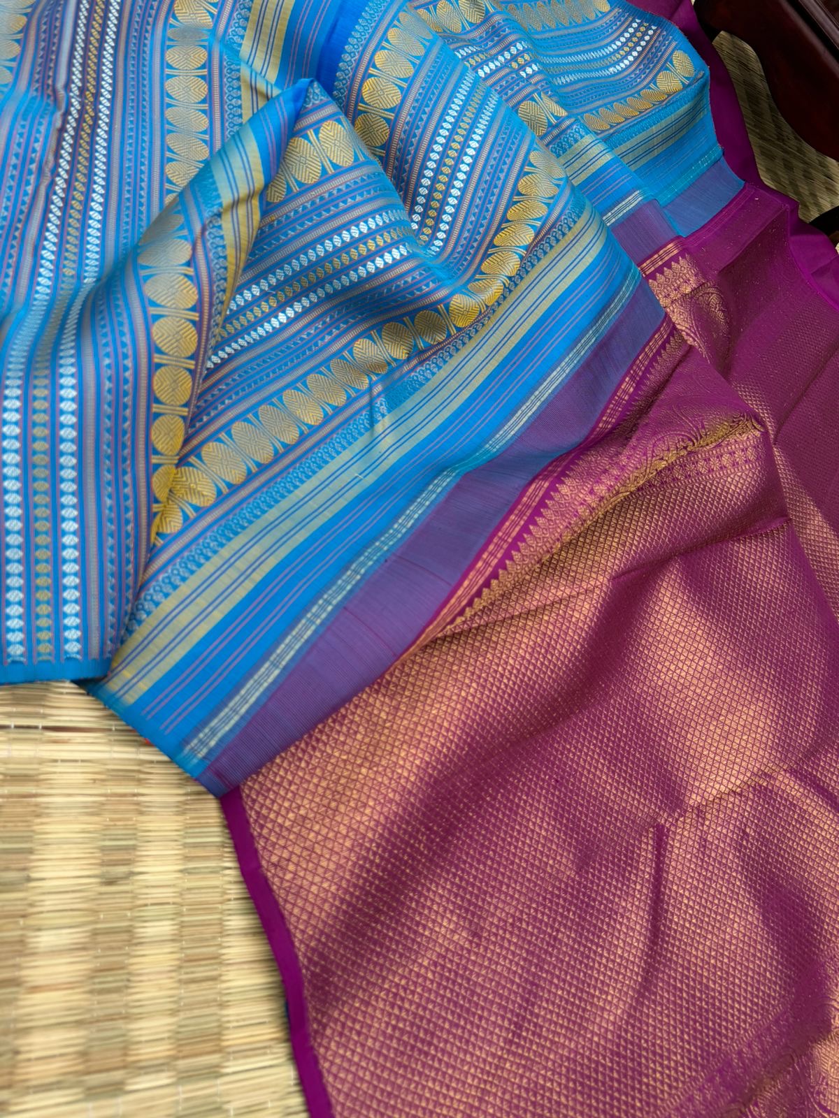 Album Untouched - a deep sulphate blue and deep majenta full body has vertical varusai pett weave one of a kind saree