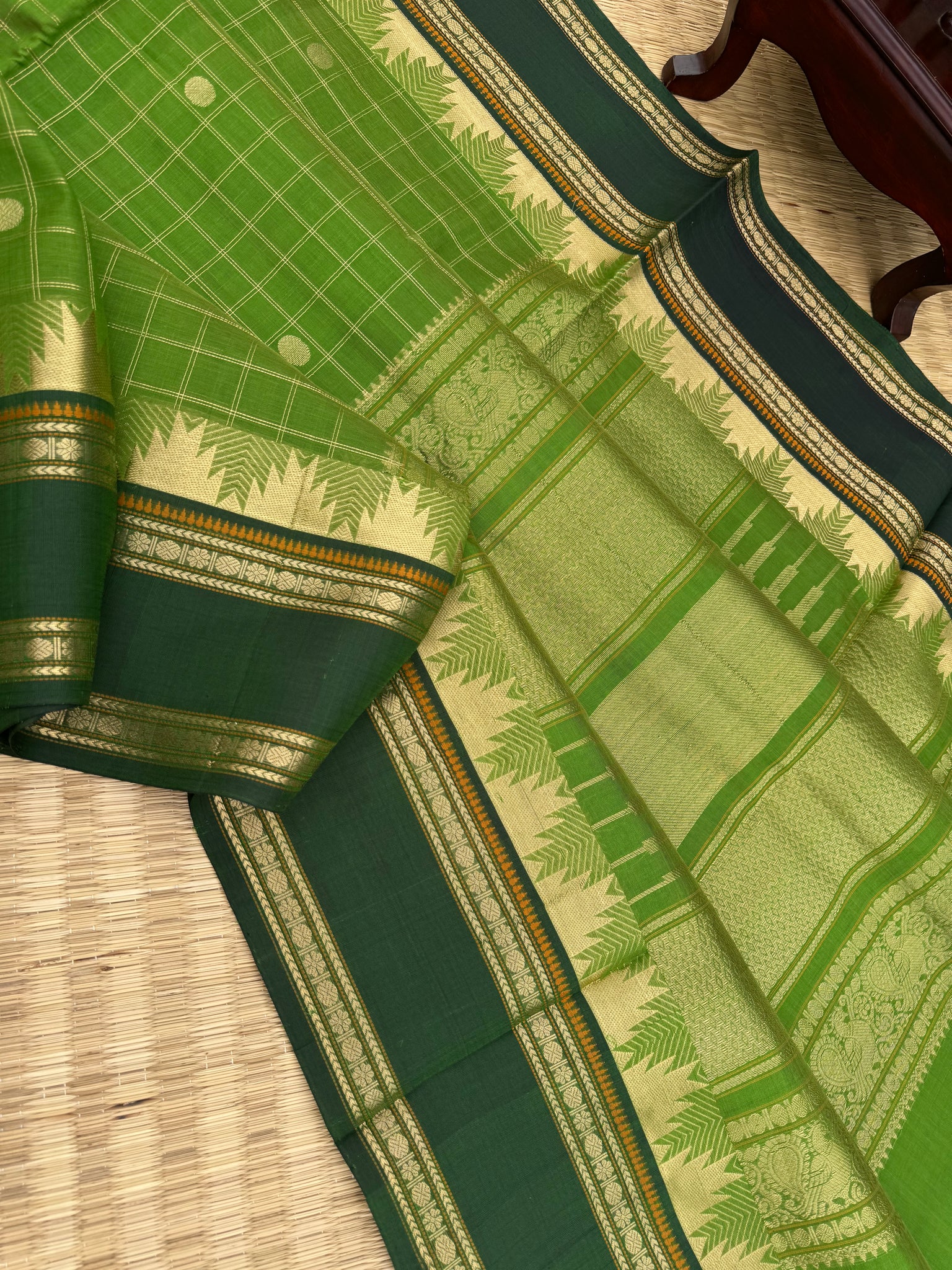 Zari Kissed Silk Cotton - a green on green with all traditional motifs