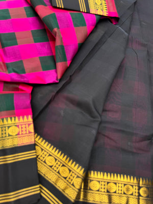 Korvai Silk Cottons -dark pink and dark green body chex with black pallu and blouse