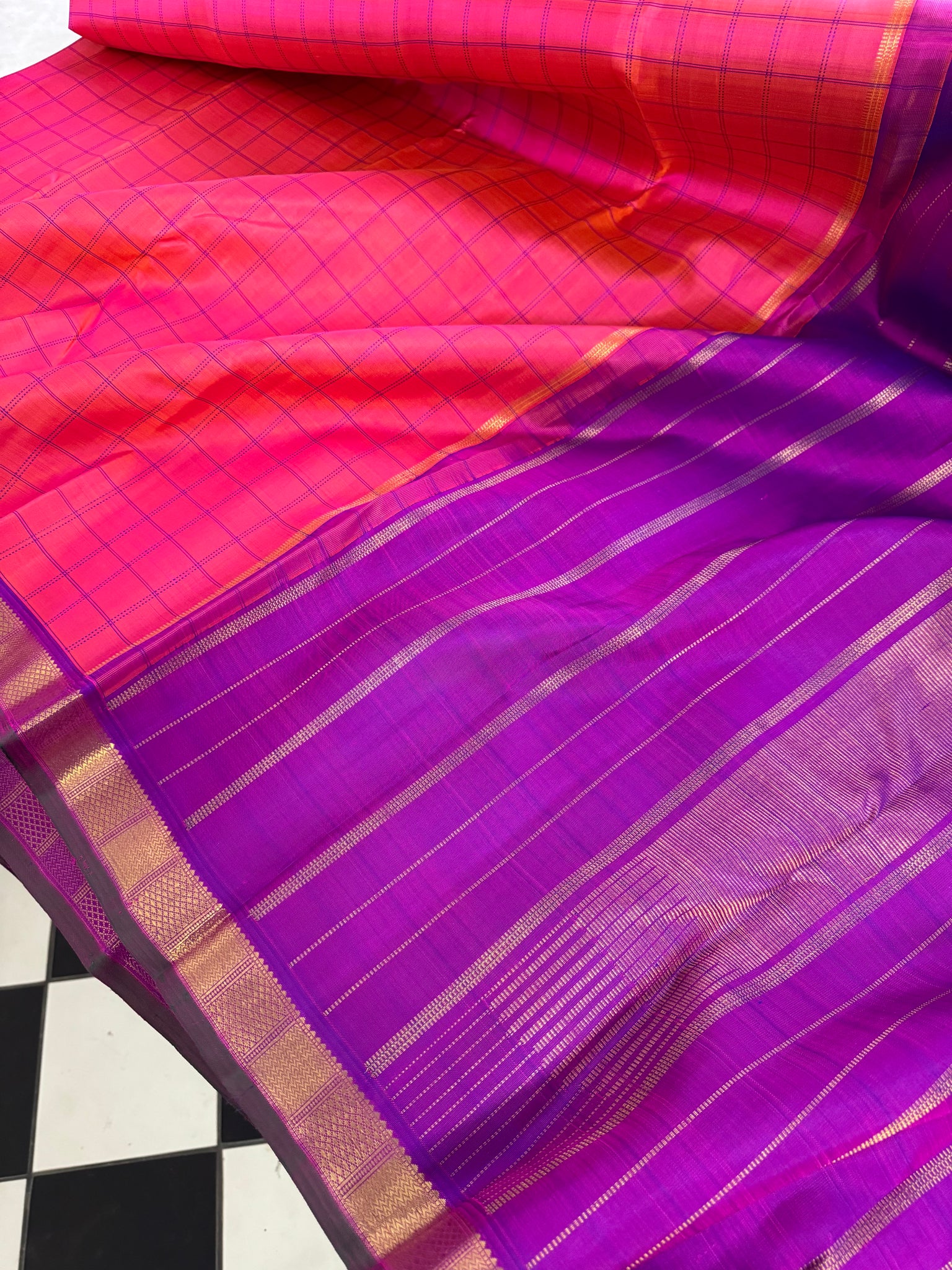 Adhyayam – The No Motifs Kanchivaram - a gorgeous orange short pink for people who love small borders