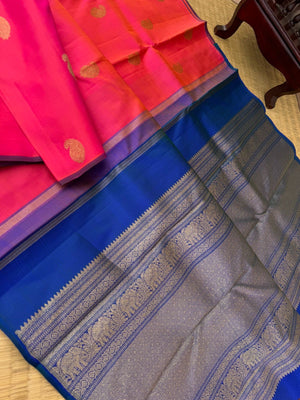 Mohaa - Beautiful Borderless Kanchivarams - dual tone short pink and peacock blue pallu and blouse