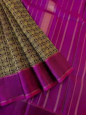 Haritham - Heirloom Yarn Play on Kanchivaram - a black and beige 1000 buttas with majenta pallu and blouse