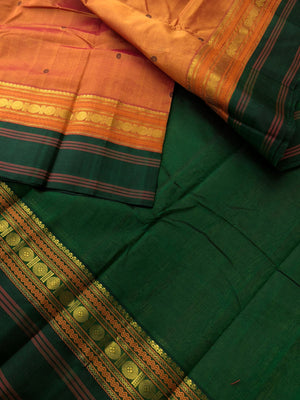 Divyam - Korvai Silk Cotton with Pure Silk Woven Borders - rust honey brown and Meenakshi green