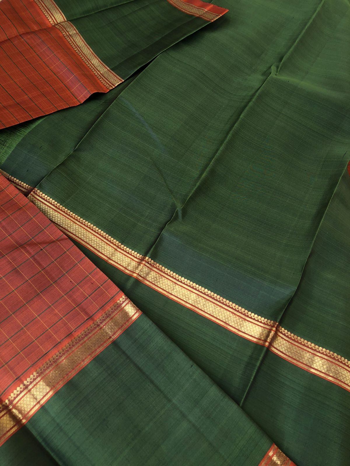 Kamakshi - Festive Kanchivaram - earthy brown and burnt olive green retta pett and broad border Kanchivaram with chex woven body