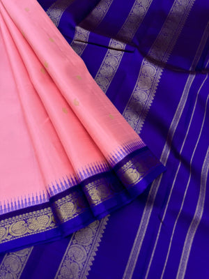 The Korvai Vibes - Authentic Korvai Kanchivaram - a stunning pastel pink and ink blue for people who love small borders