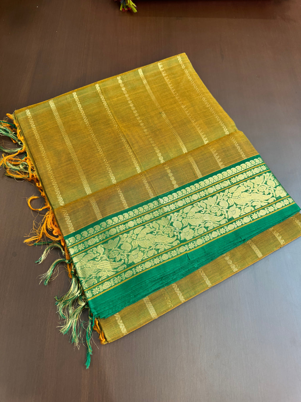 Vertical Veldhari on Zari Kissed Silk Cotton - mustard mixed green in green