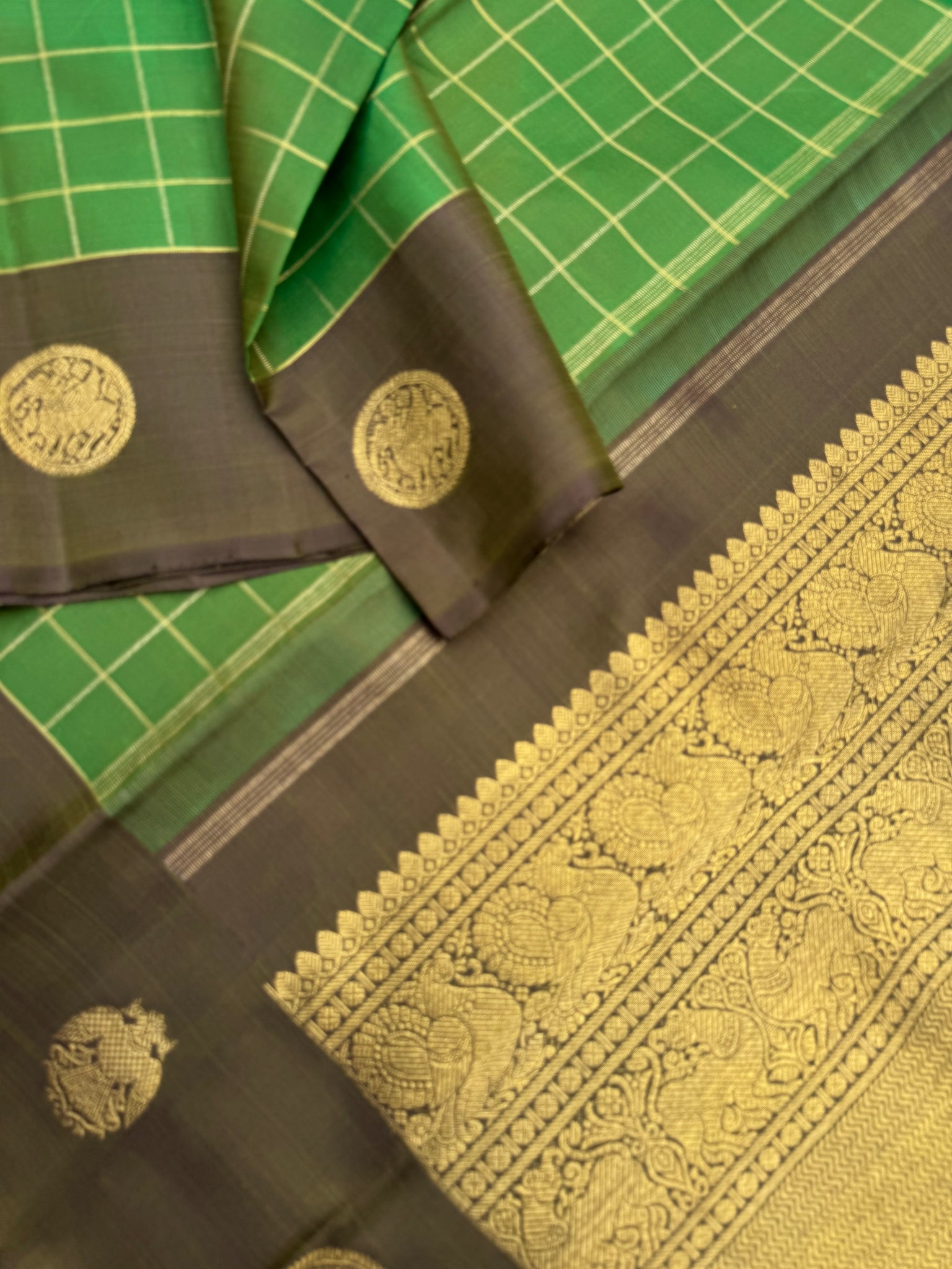 Diwali Edits - Kanchivaram For All Occasions - Amazing green and deep grey a very unusual combination of kattam woven body with border woven buttas