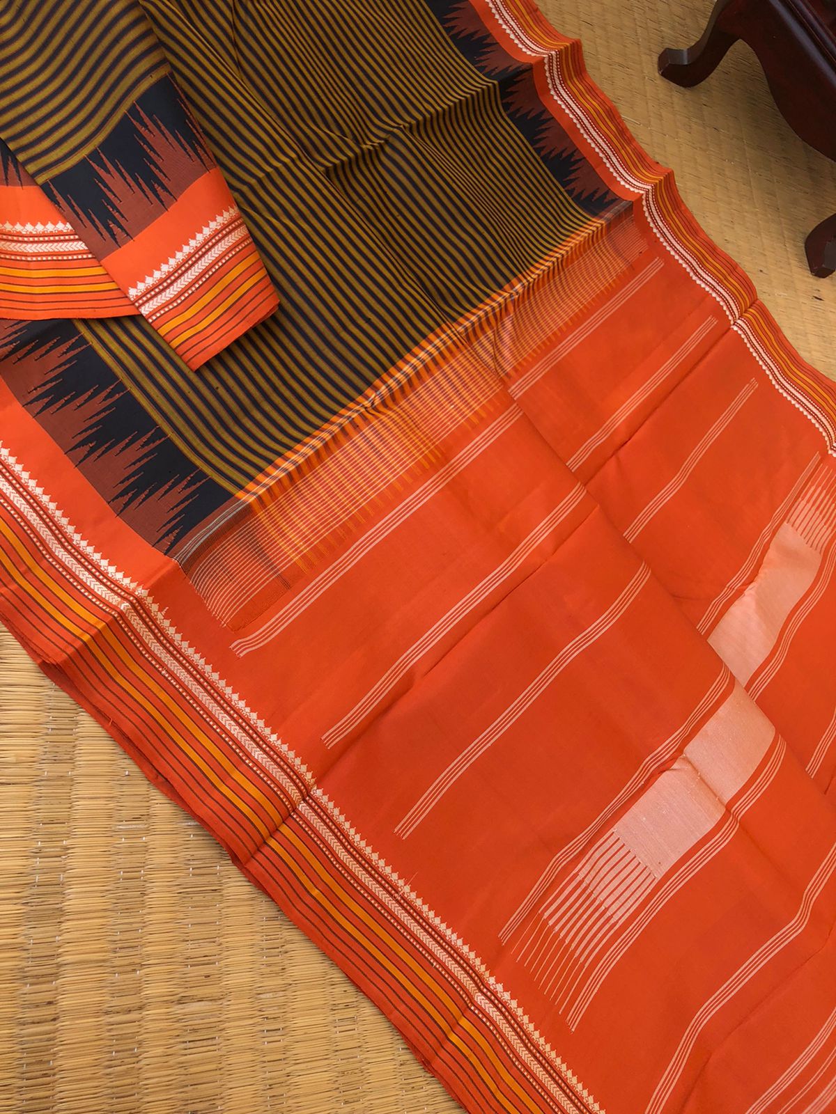 Connected by Korvai on Kanchivaram -beautiful vintage Black and rust valapoo stripes woven body with burnt orange pallu and blouse