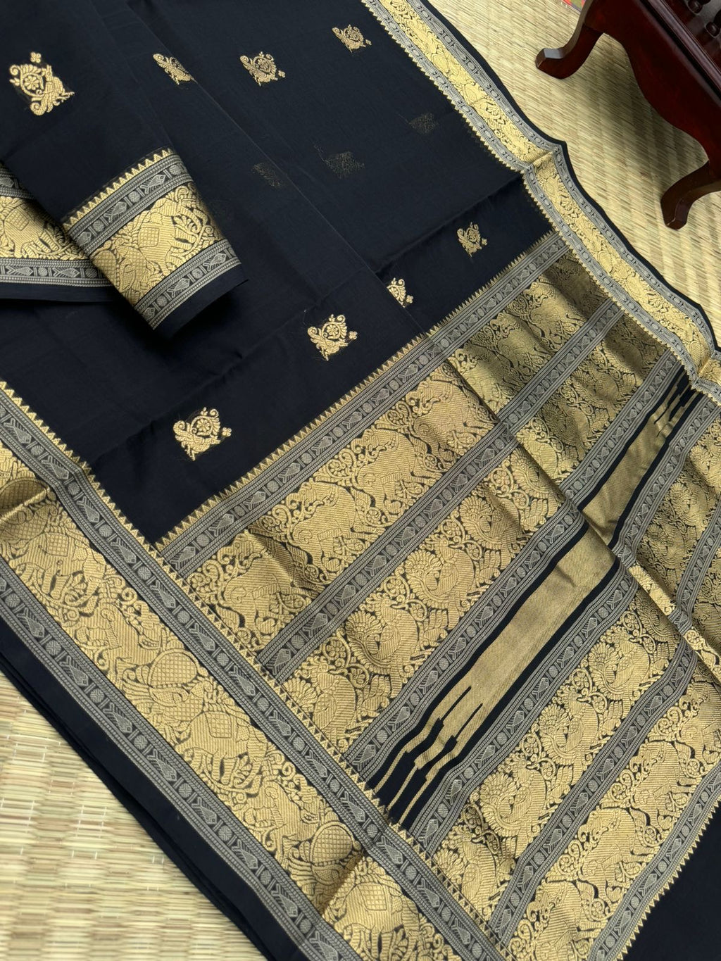 Black Edition of Zari Kissed Silk Cotton - stunning black and gold with annapakshi elephant yali woven borders