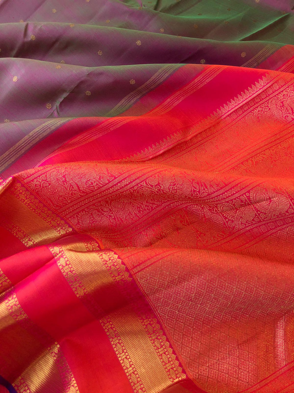 Leela - Limited Edition of Kanchivarams - a gorgeous perfect dual tone effects of pink short green with orange short pink pallu and blouse