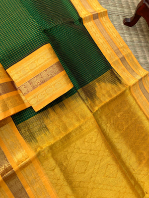 Korvai Silk Cotton - deep algae green and golden mustard zari kattam