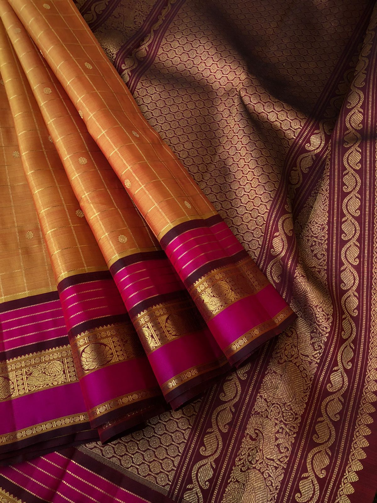 Vintage Ragas on Kanchivaram - honey rust must muthukattam buttas woven body with traditional moppula motifs woven borders
