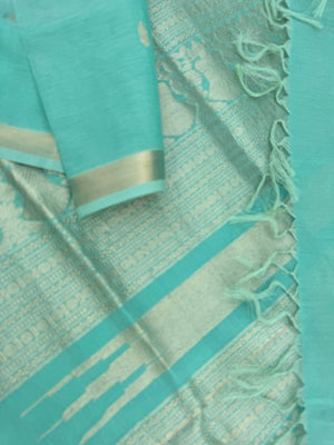 Pastels on Zari Kissed Silk Cotton - a pastel mint green with one inch tissue borders