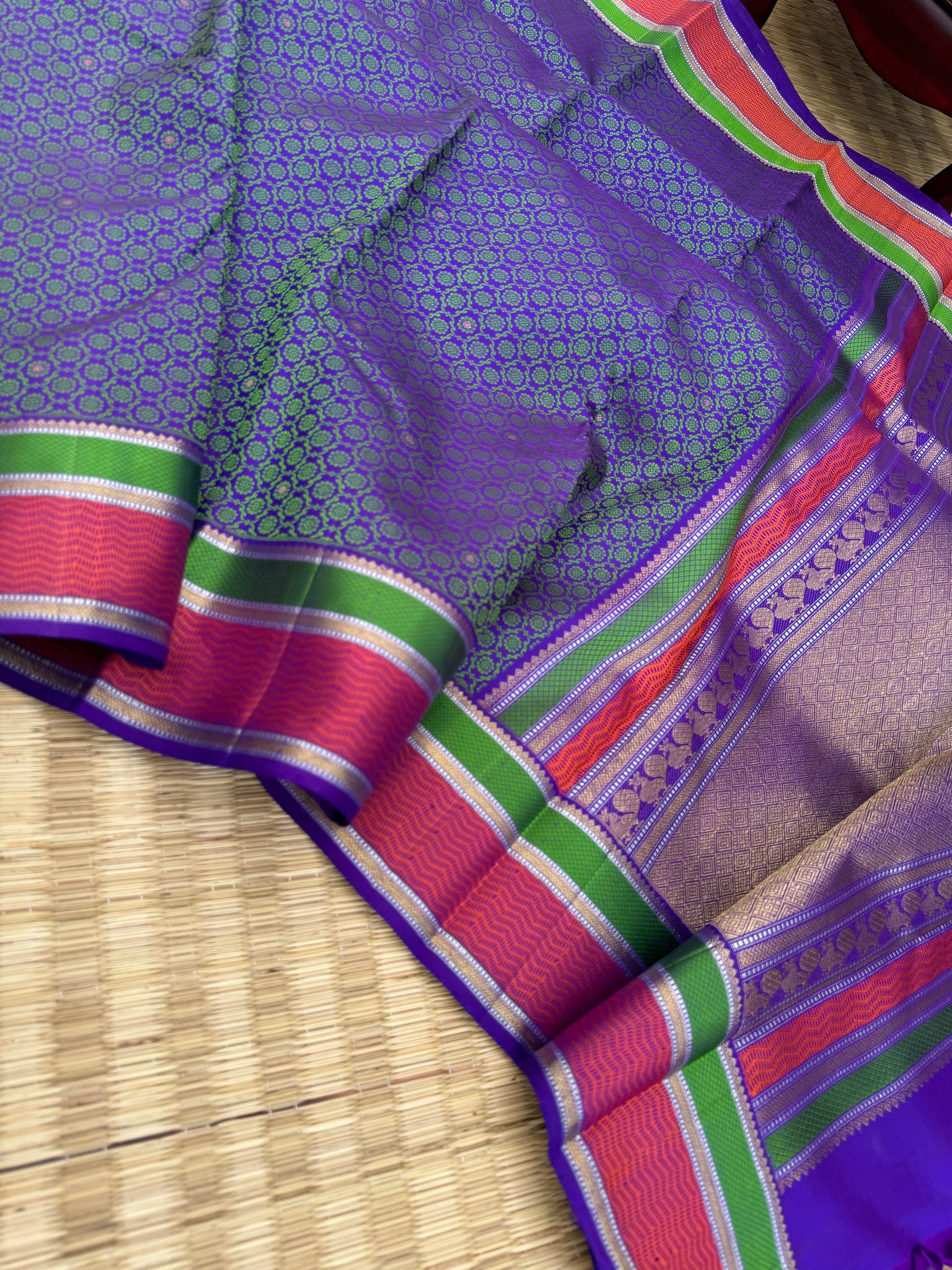 Haritham - Heirloom Yarn Play on Kanchivaram - stunning dual tone peacock violet green with full body rudurakasham weave