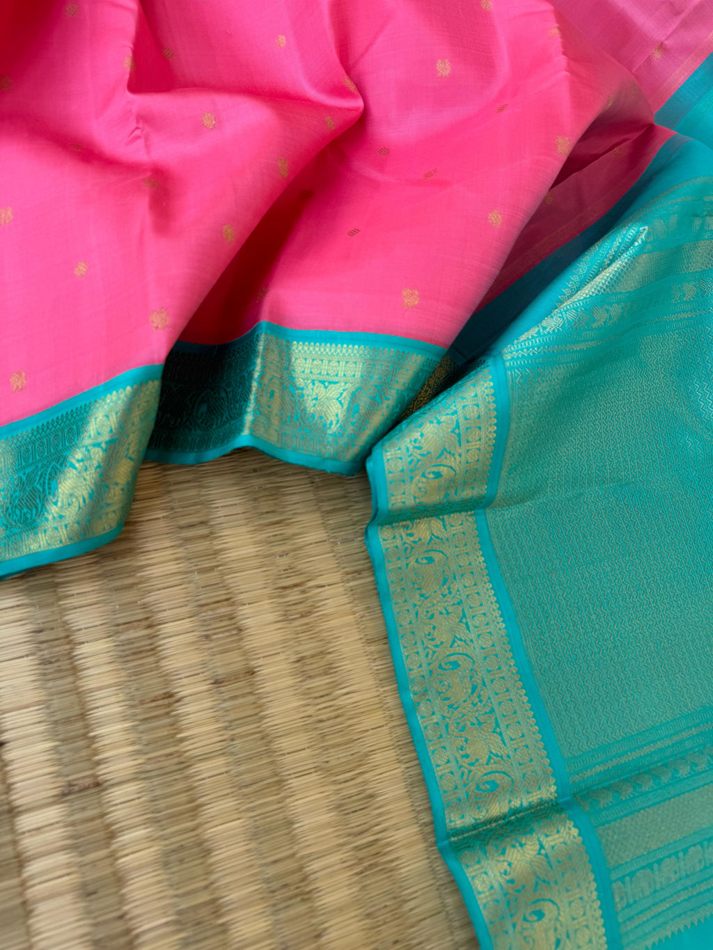 Meenakshi Kalayanam - Connected By Korvai - the stunning panner rose and turquoise small borders