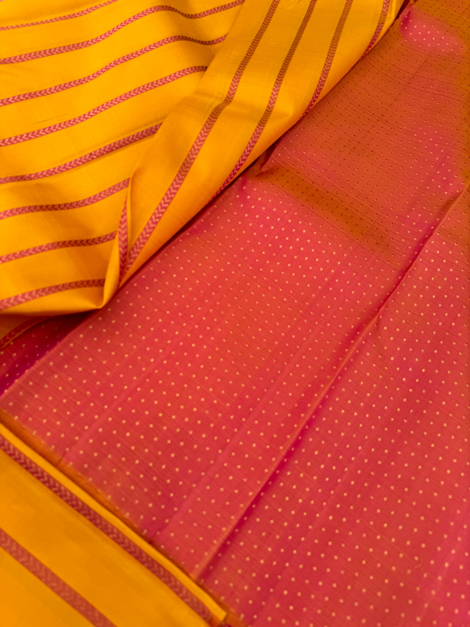 Album Untouched - a stunning yellow vertical veldhari woven body with dual tone peach grand zari woven pallu and blouse