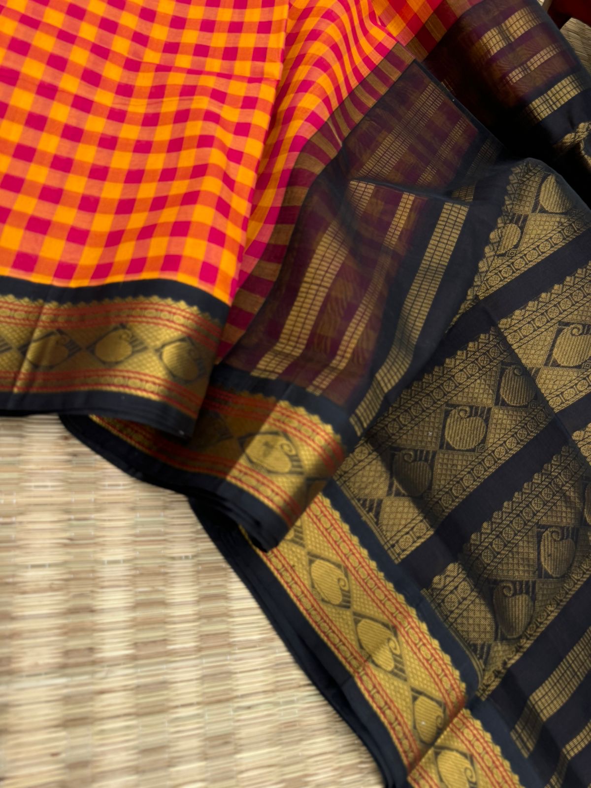 Korvai Silk Cottons - mustard orange and pink kattam woven body with black borders