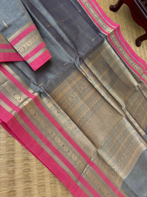 Zari Kissed Silk Cotton - metallic steel grey with rain drops woven buttas