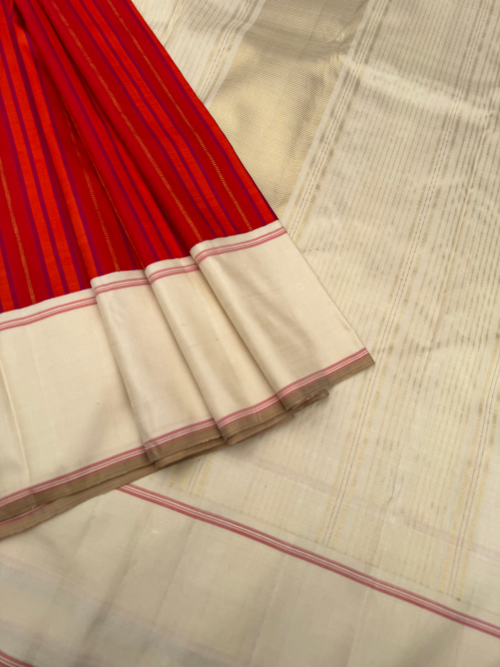 Album Vidhyasam - stunning red and ivory Korvai Kanchivaram with zari and silk stripes woven body