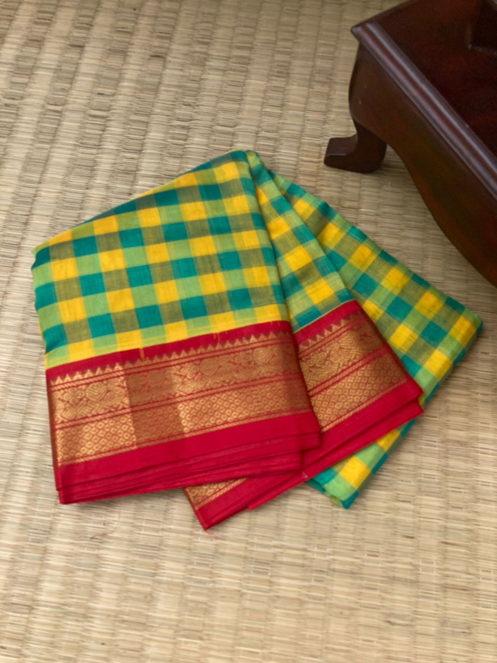 Paalum Palamum Kattams Korvai Silk Cottons - yellow and green chex body with red borders