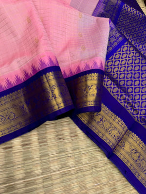 Korvai Silk Cottons - pastel baby pink and ink blue Zari kattam buttas