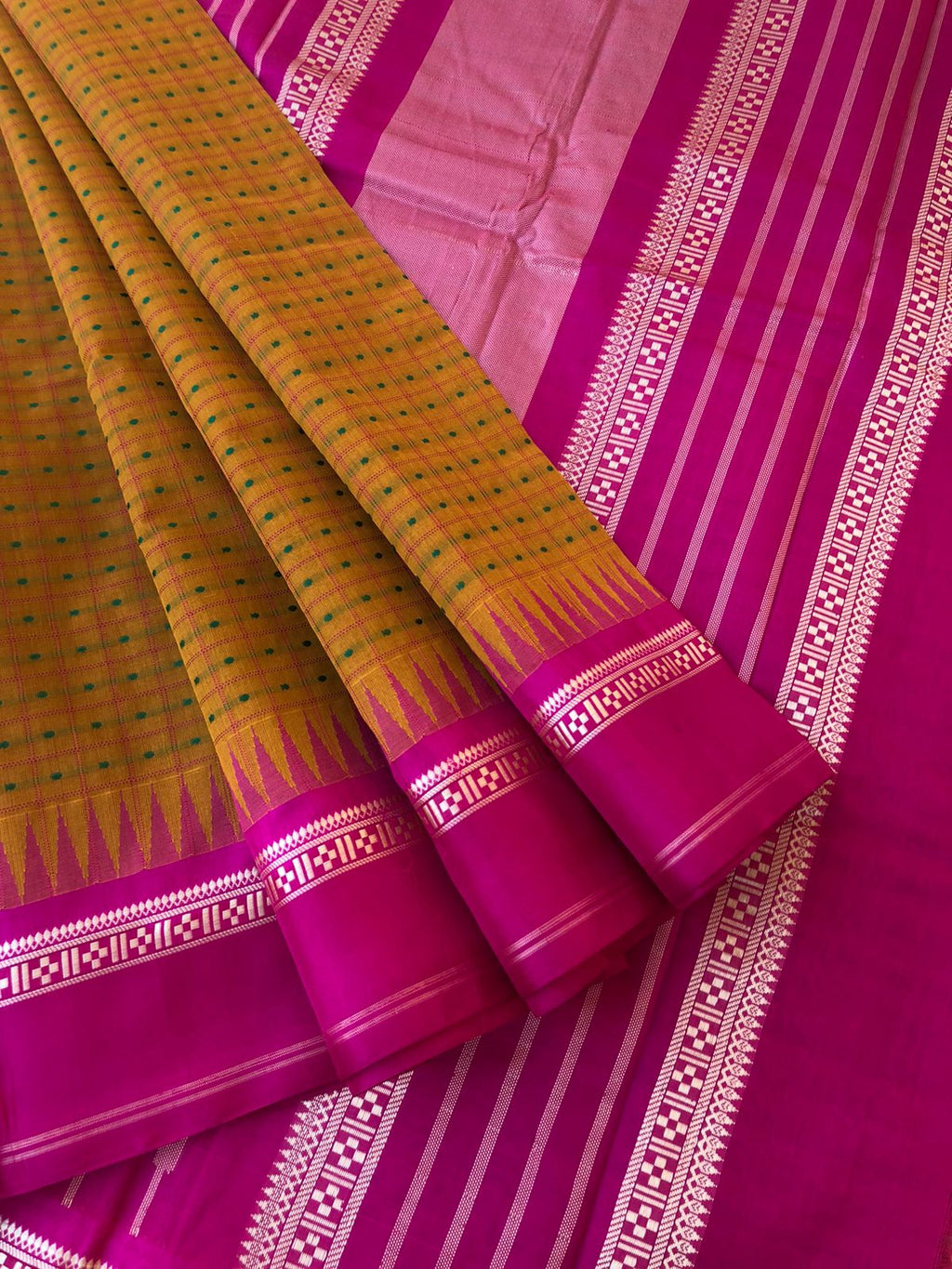 Mira - Our Exclusive Cotton body with Pure Silk Korvai Borders - mustard and Indian pink Lakshadeepam